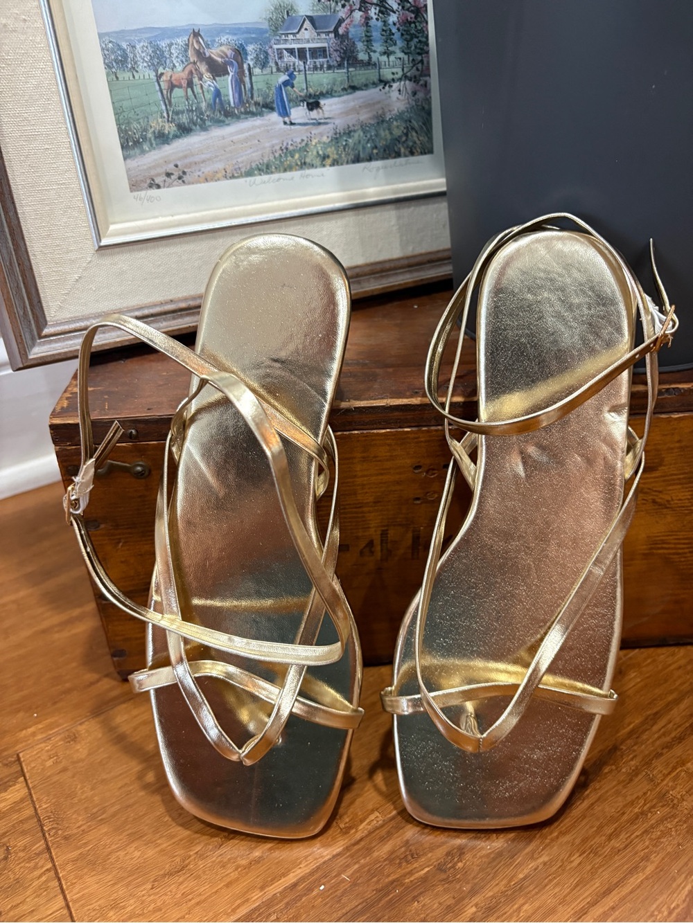 Shein New! Sandals Metallic Gold Strappy Ankle Wrap Strap Summer Gladiator 7.5 - Picture 5 of 6